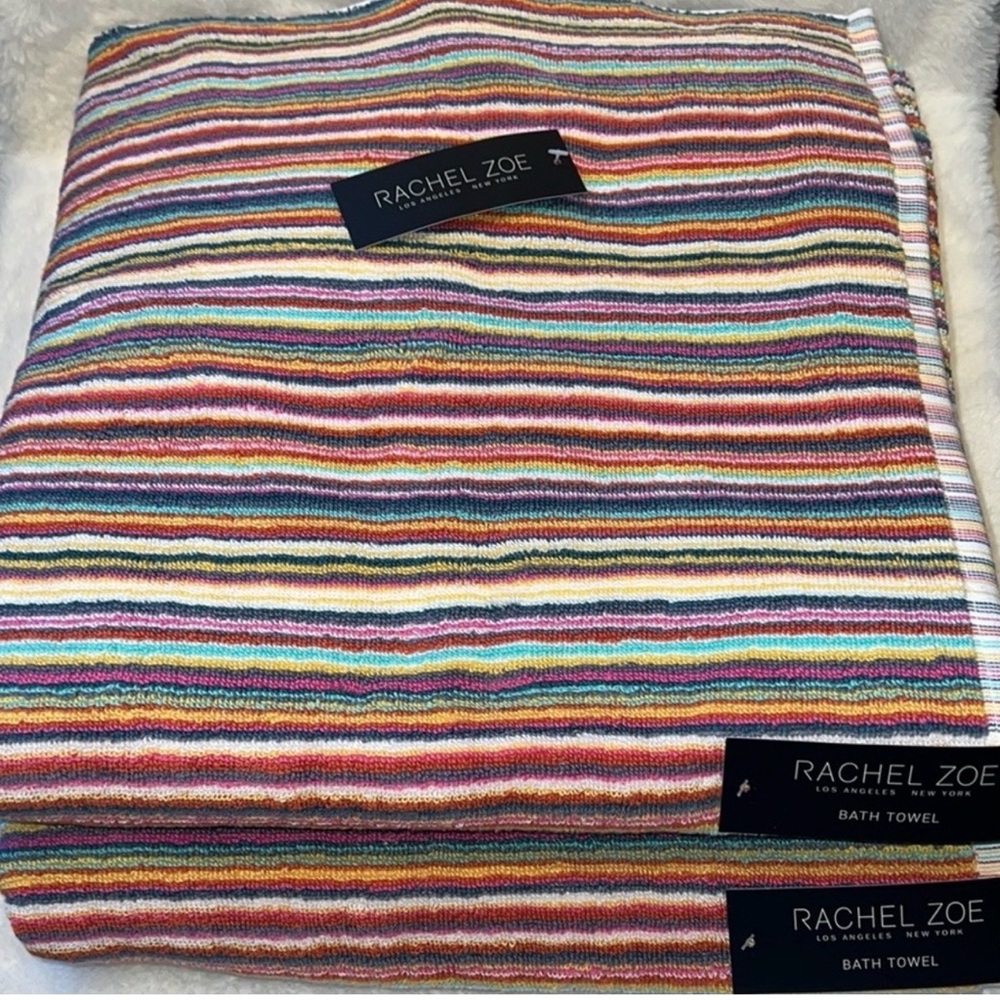 2 Rachel Zoe Rainbow Striped 30” x 52” Bath Towels Set of 2 NEW